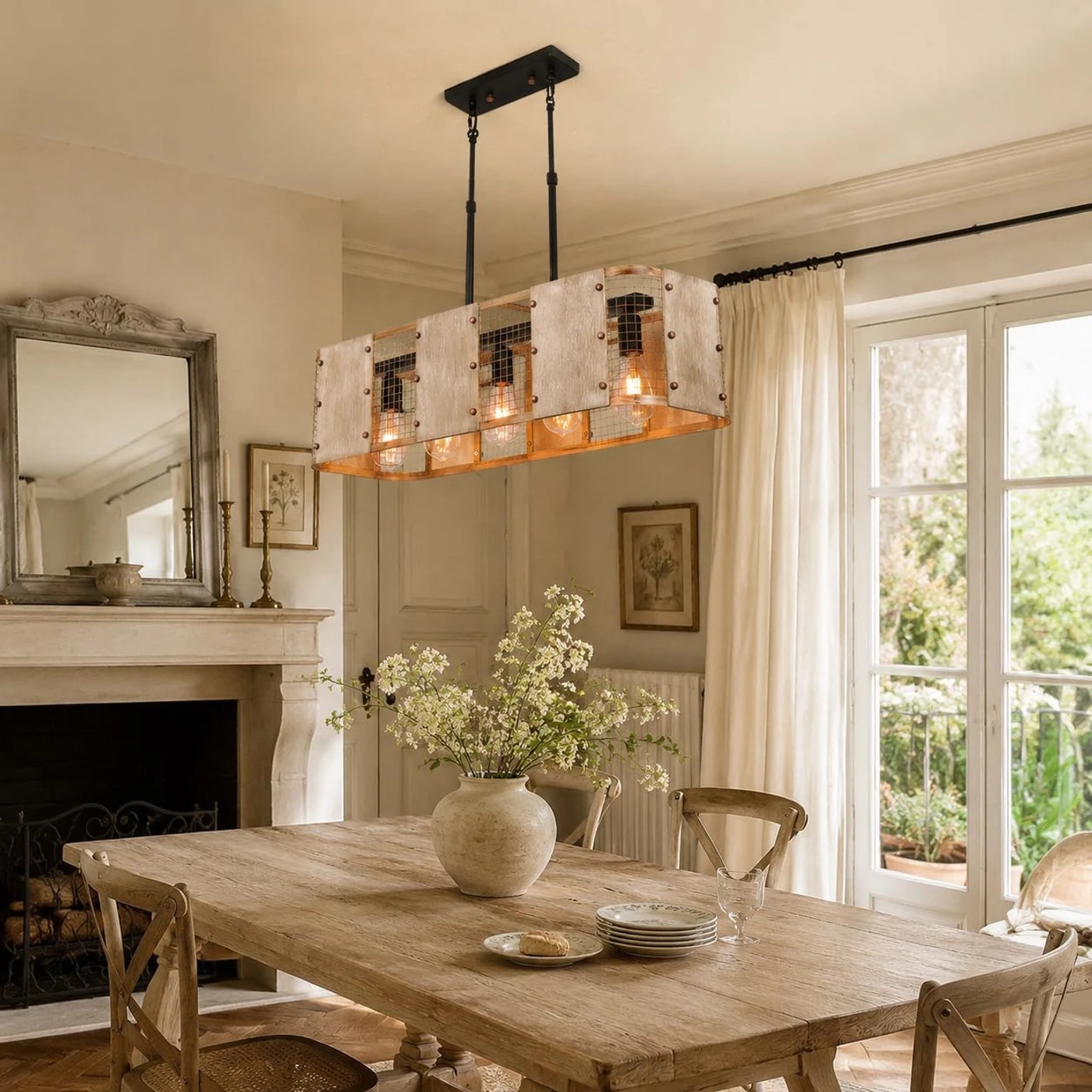 Warm farmhouse pendant light above a dining table