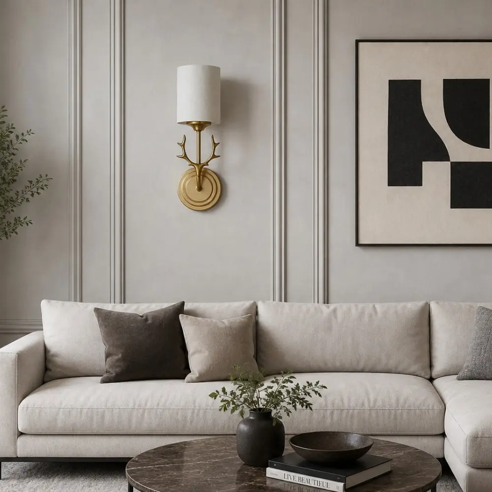 Decorative antler wall light in a styled room