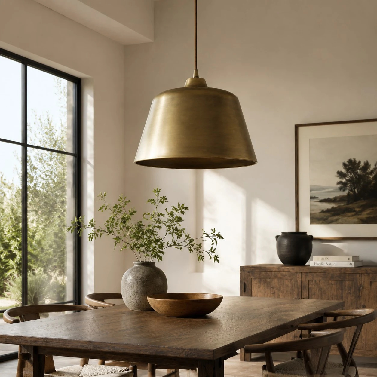 Antique brass pendant lamp above a dining table