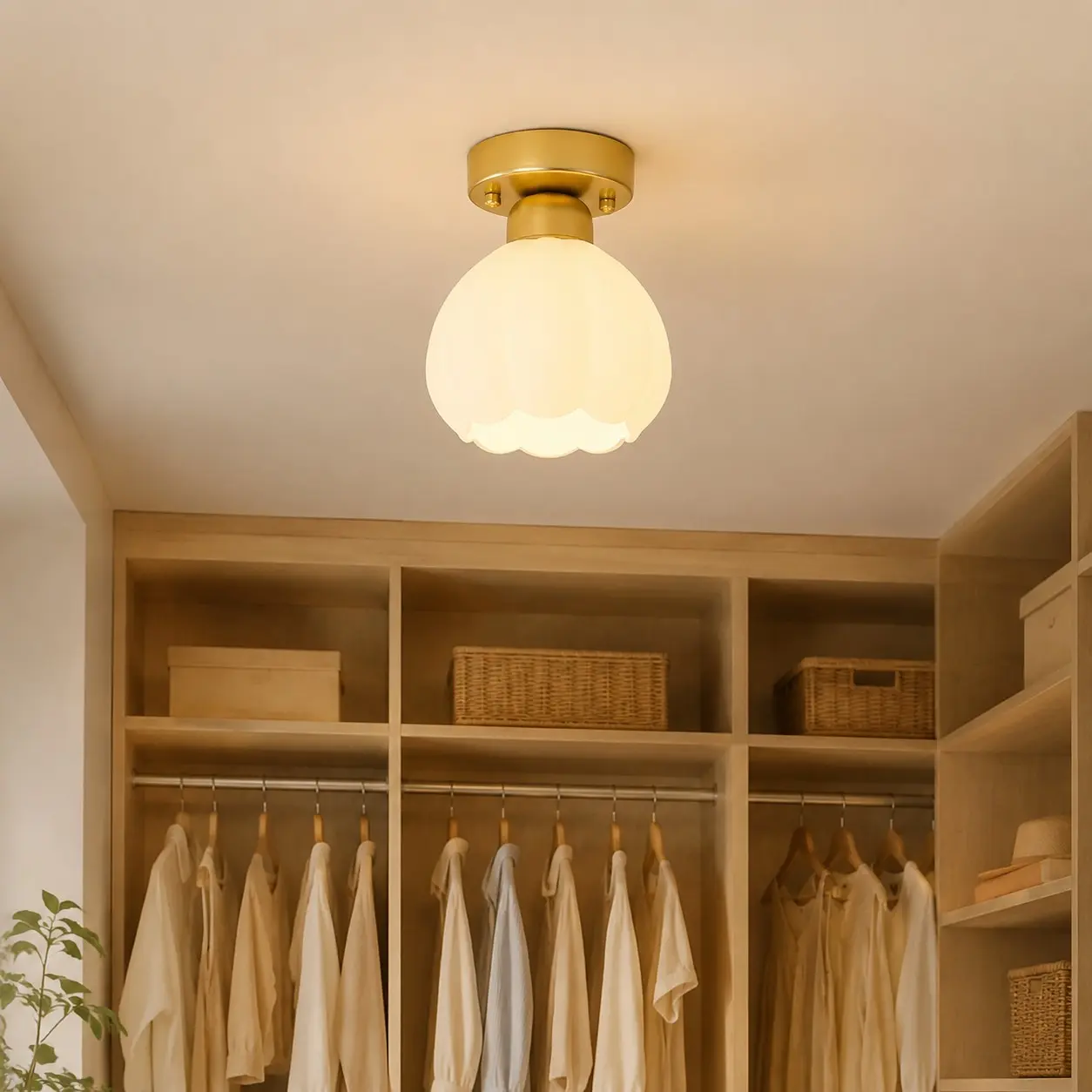 Milk glass flower ceiling light in a small dressing room