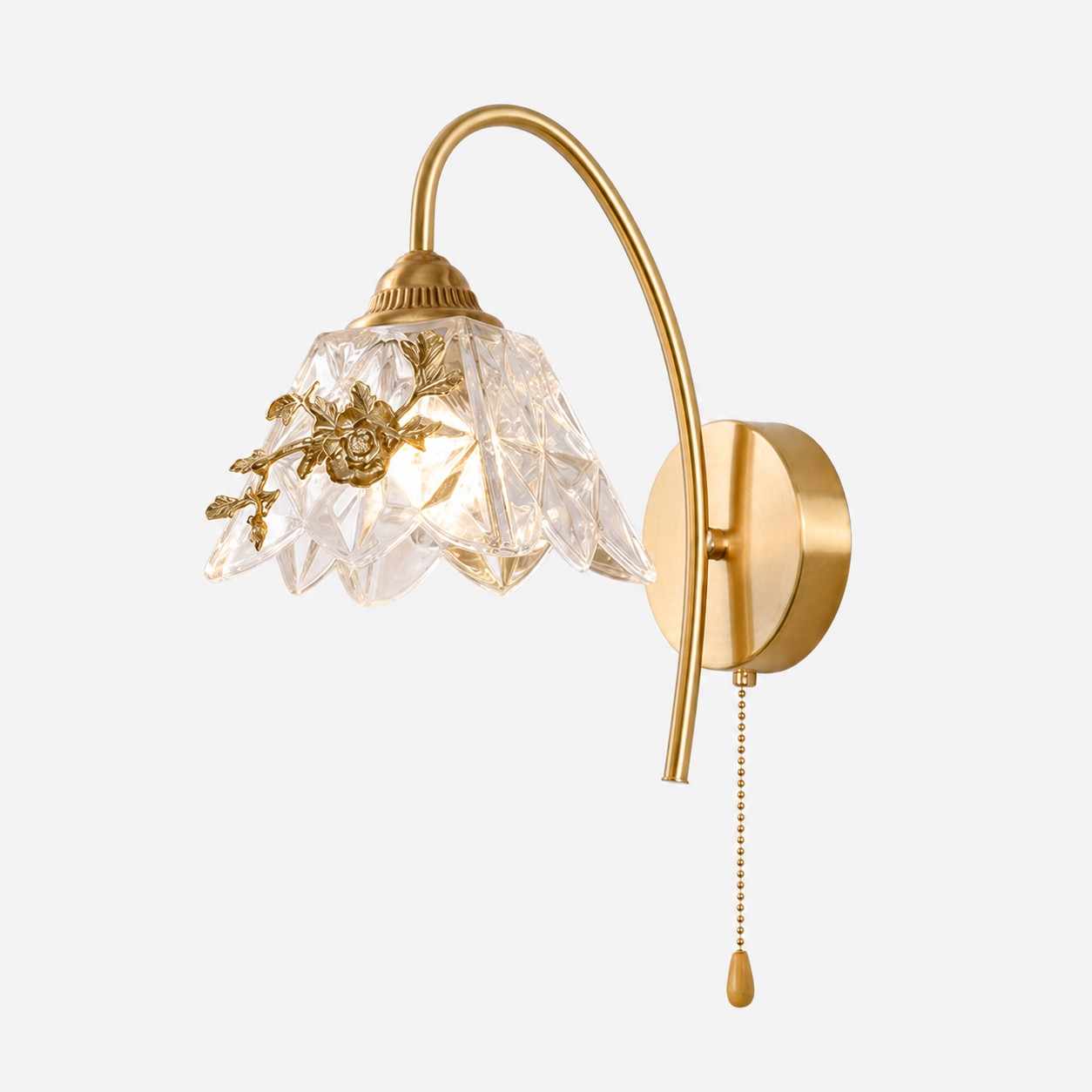 Style B French floral brass-tone wall sconce with pull chain