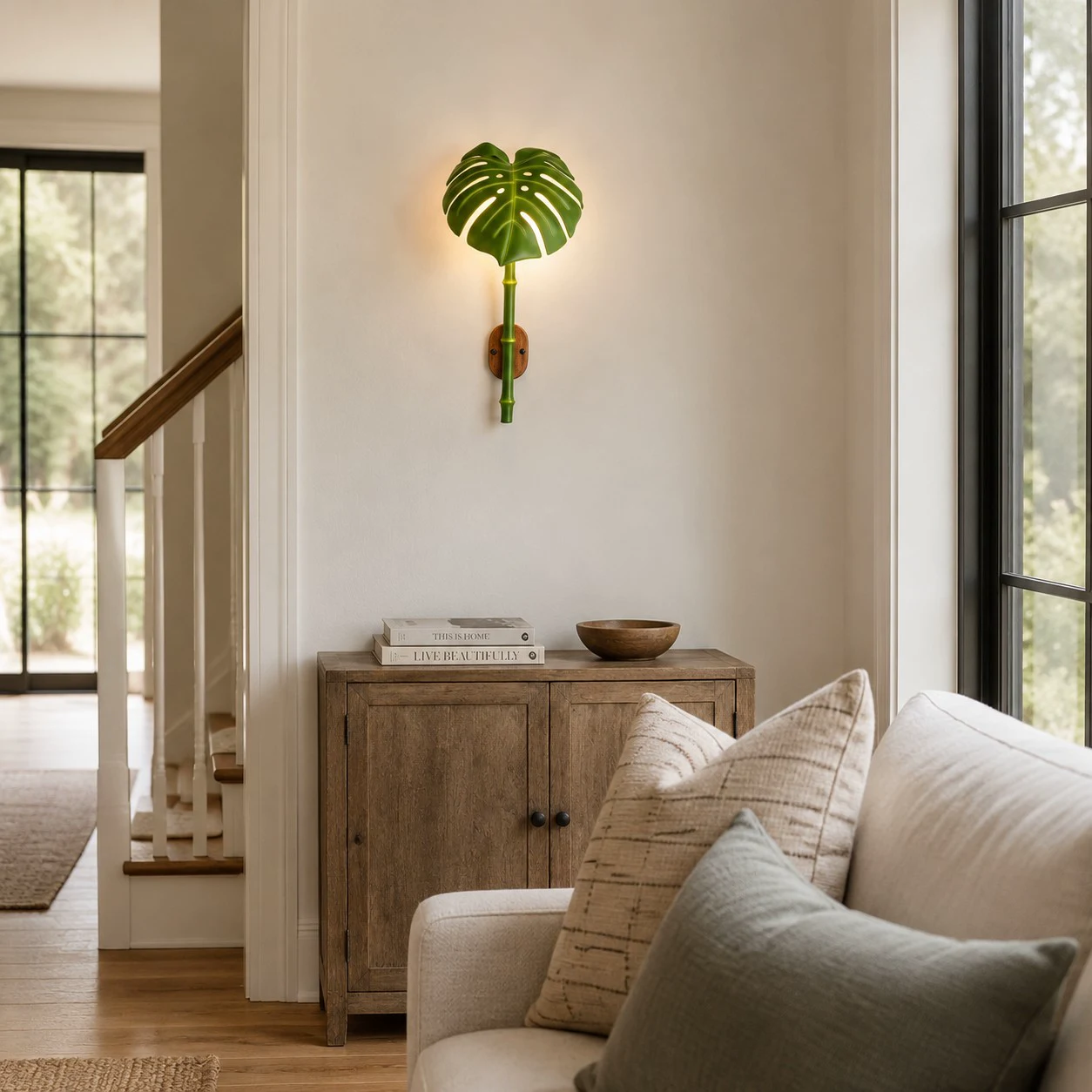 Decorative leaf wall sconce in a garden setting