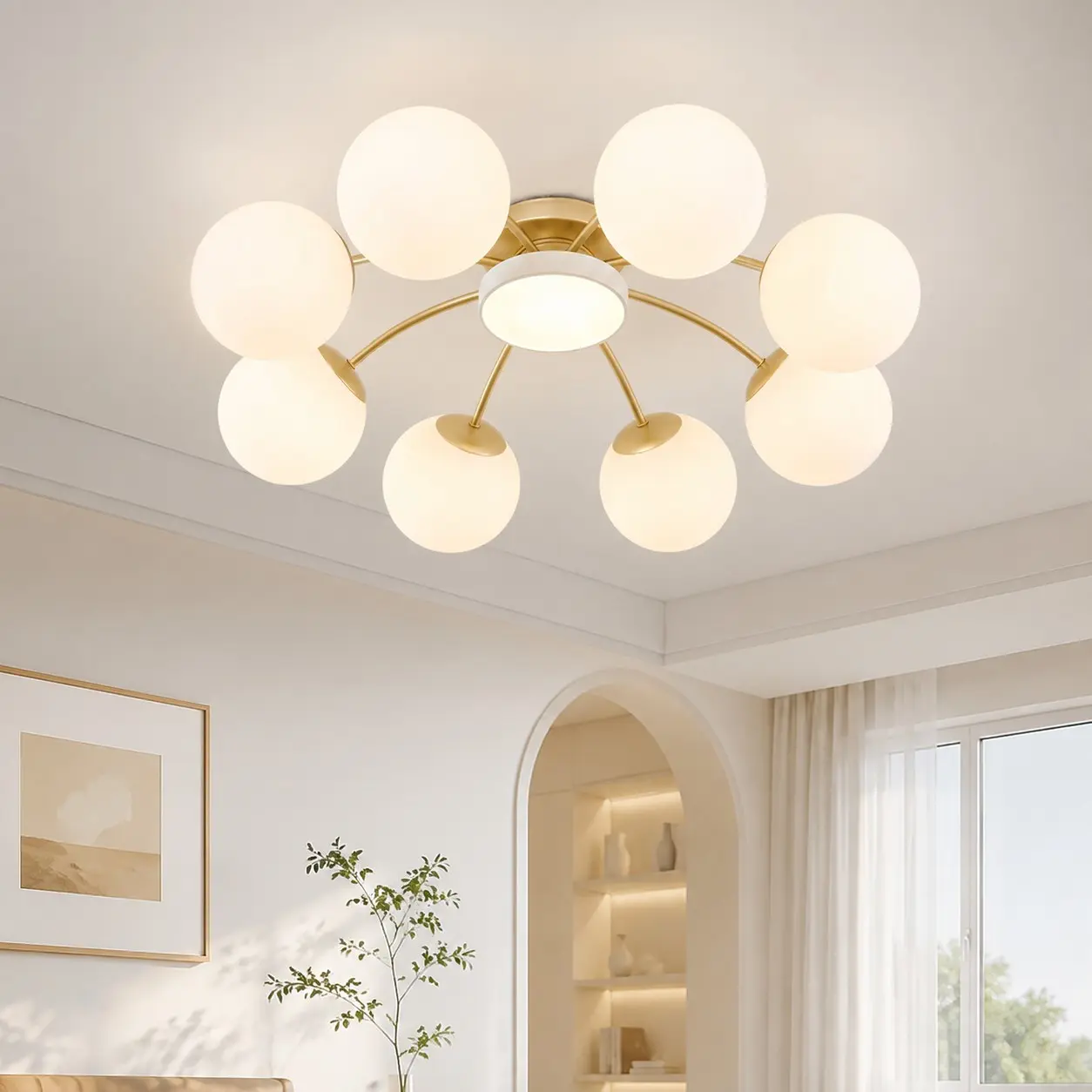 Milk glass ceiling light installed in a living room