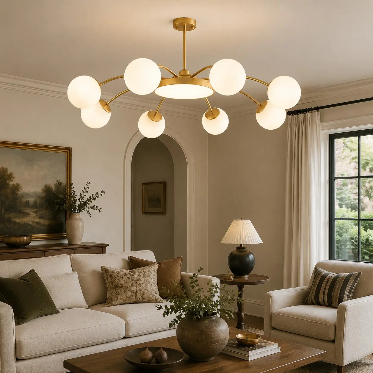 Gold eight-light chandelier in a living room
