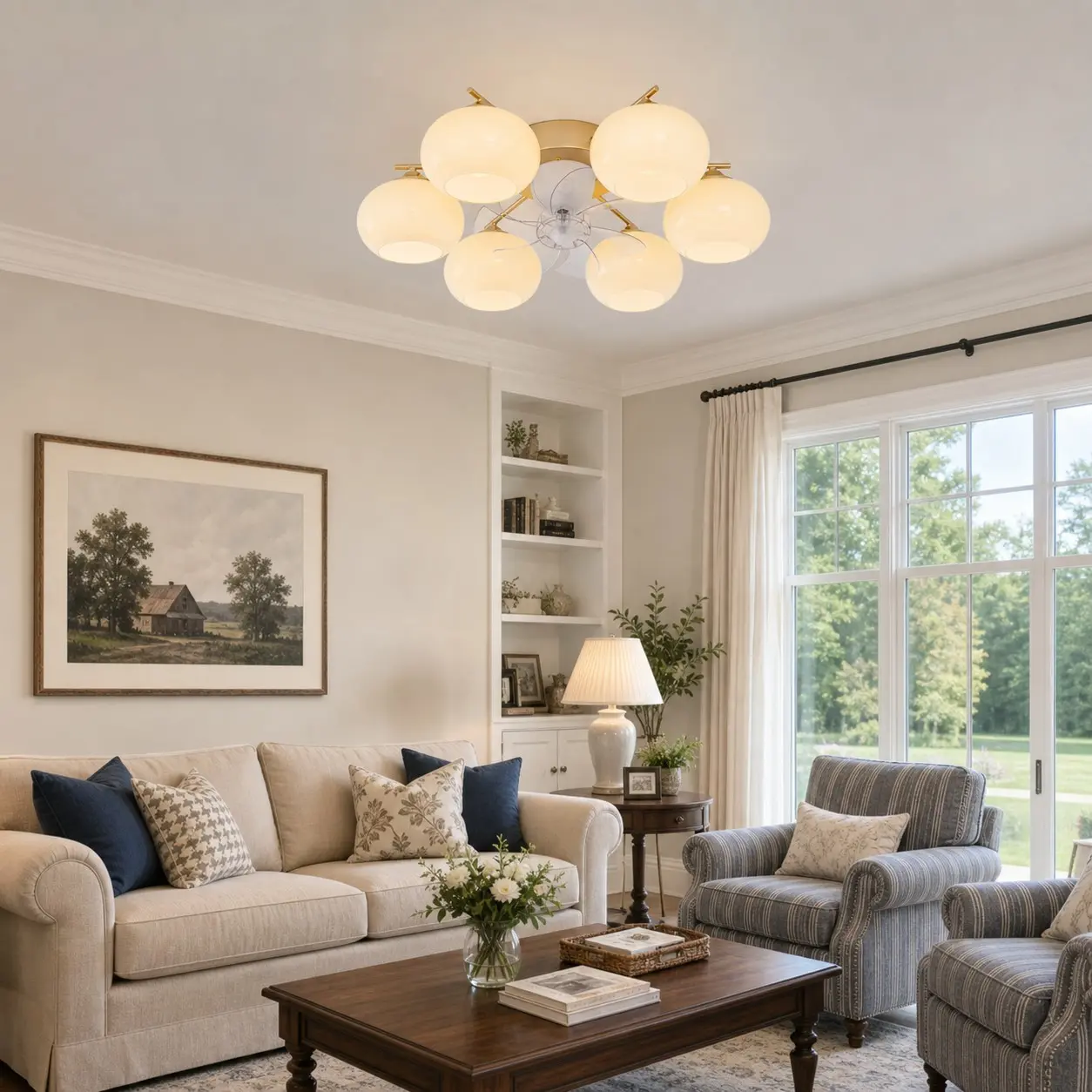 Gold ceiling fan light in a bright modern living room