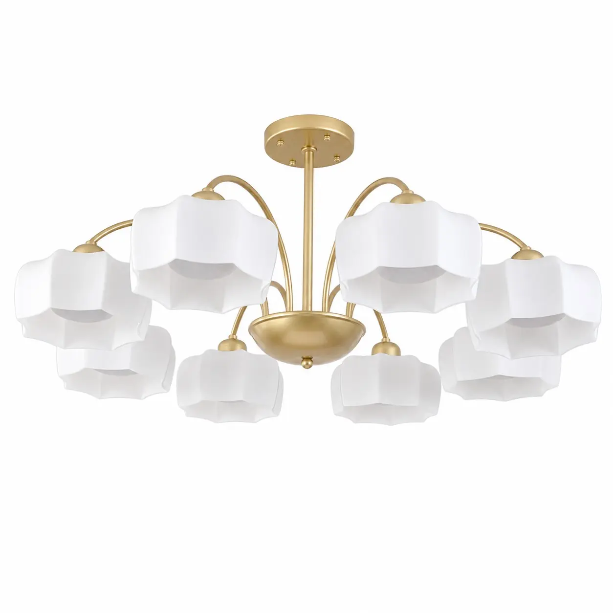 Gold and white 8-light chandelier on a white background