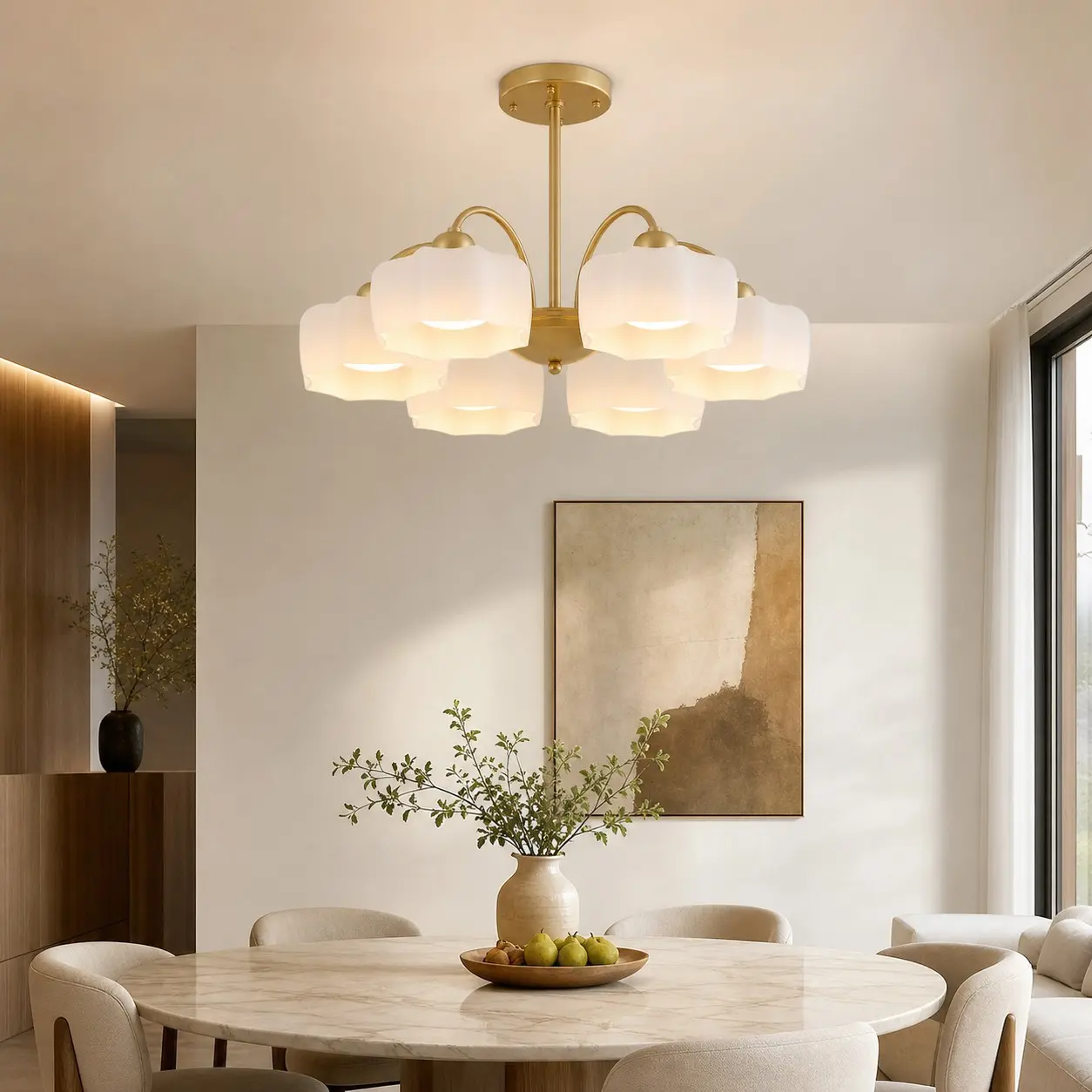 6-light gold chandelier above a modern dining table