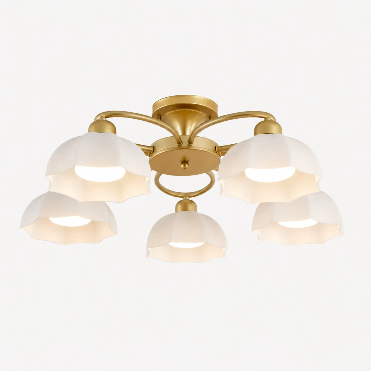 5-light brass ceiling fixture with white glass shades