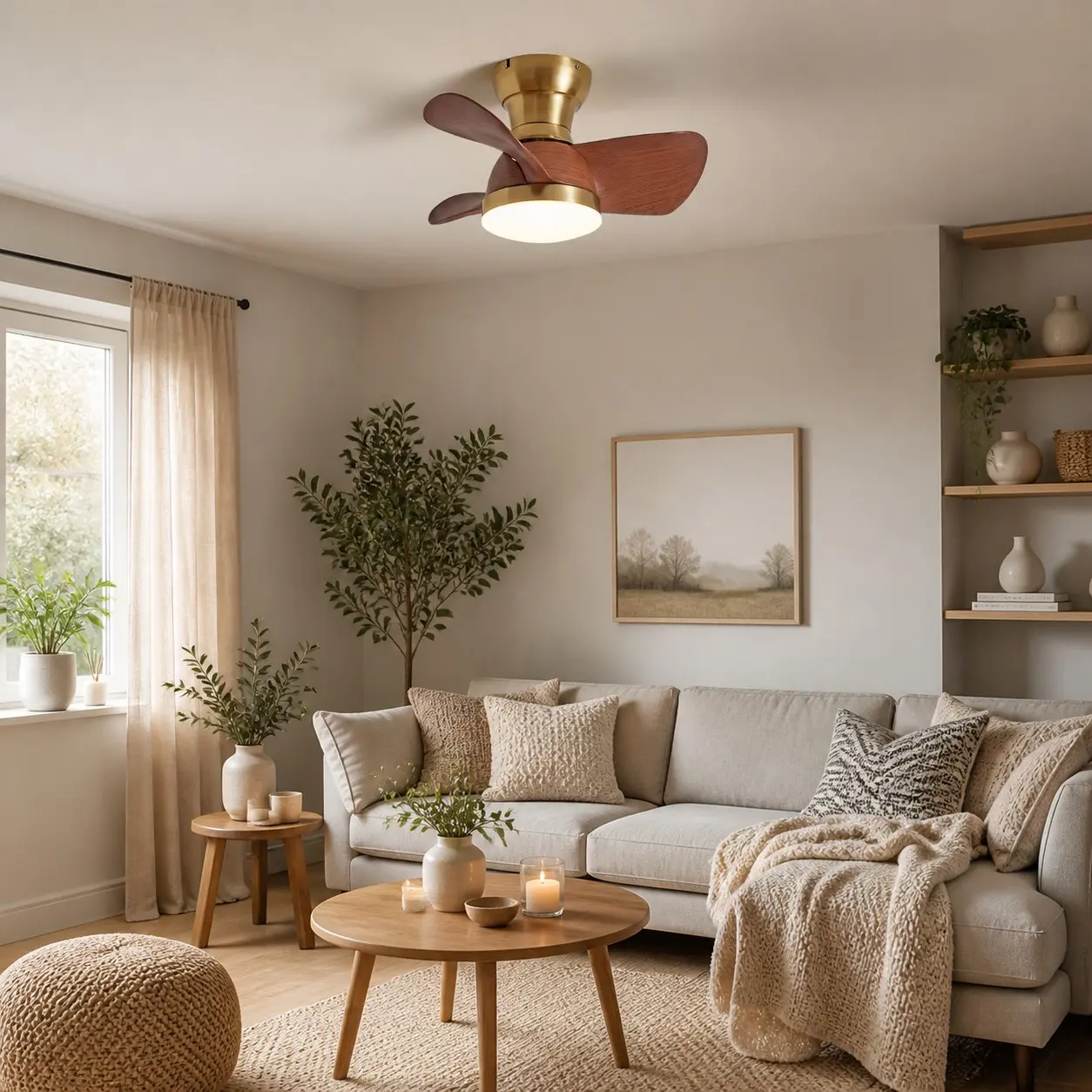 Natural copper ceiling fan light in a neutral living room