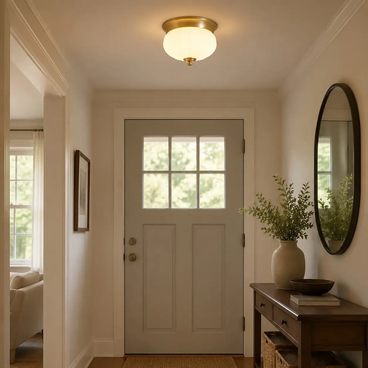 Brass and glass flush mount light in a warm entryway