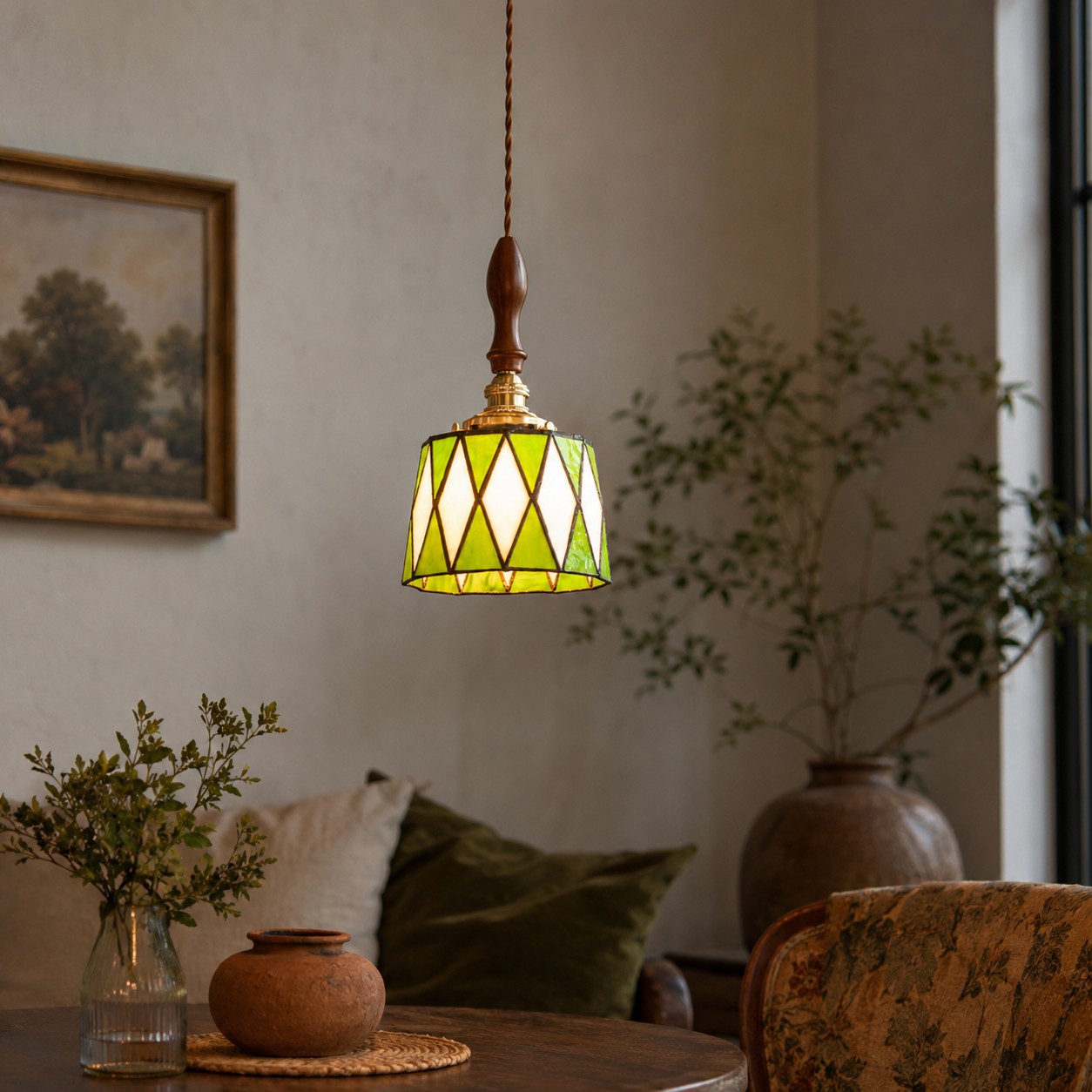 Vintage Green Stained Glass Pendant Light