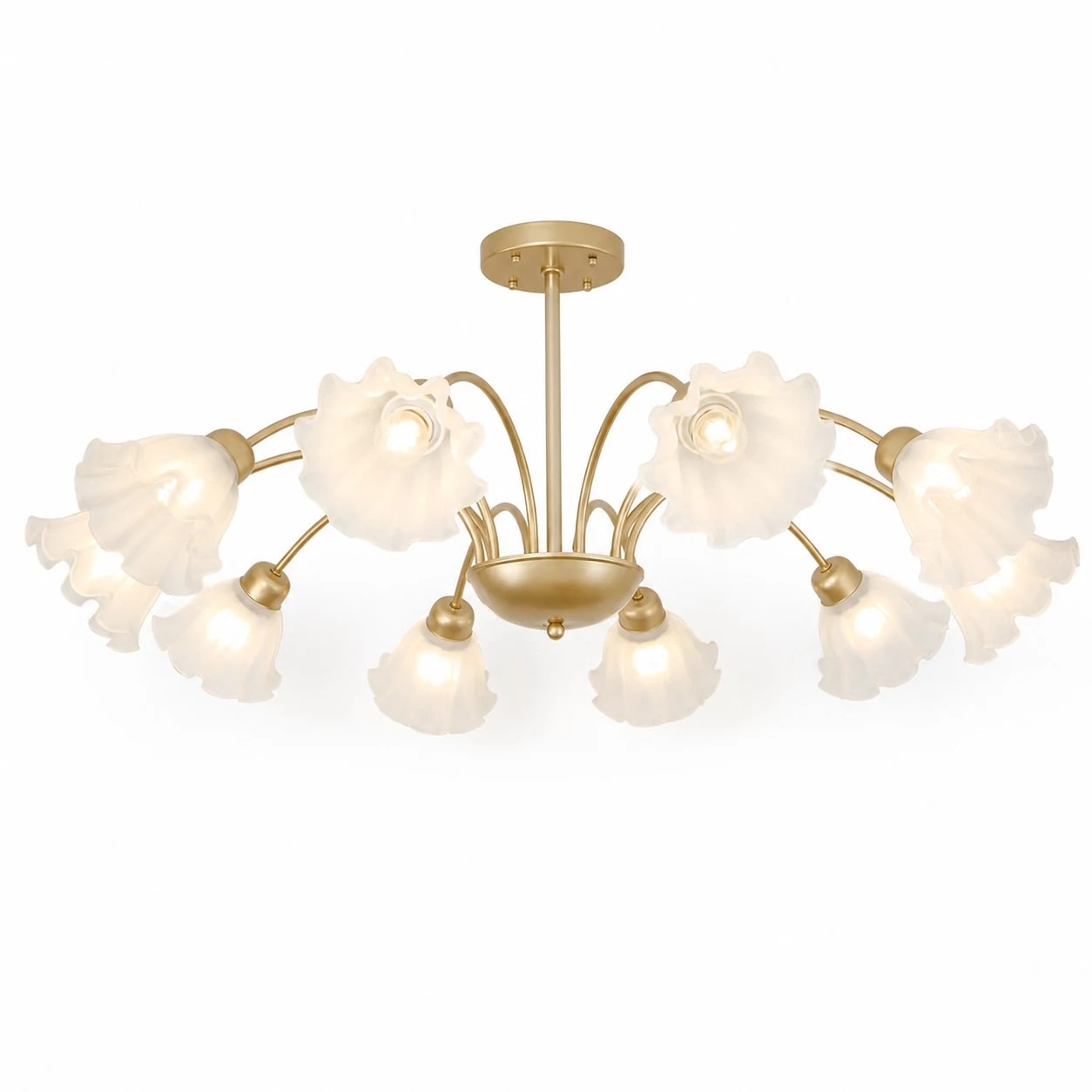 Gold-finished iron ten-arm floral glass chandelier on a white background