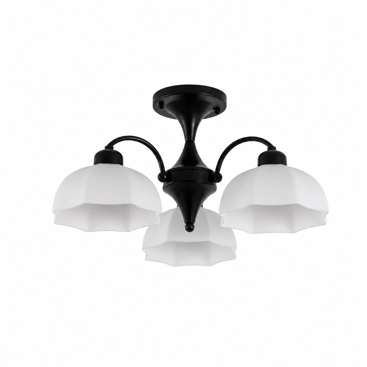 Black three-light chandelier with white glass shades