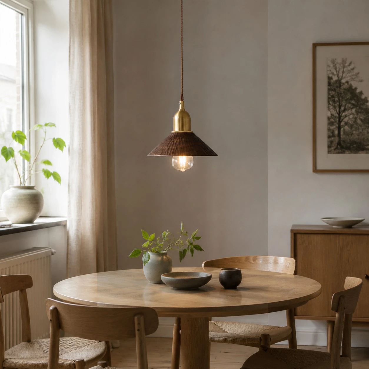 Black walnut pendant light above a round dining table