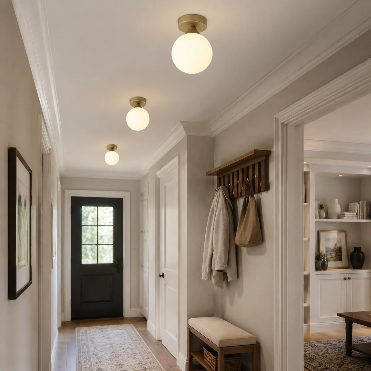 Vintage glass ceiling light in a warm hallway