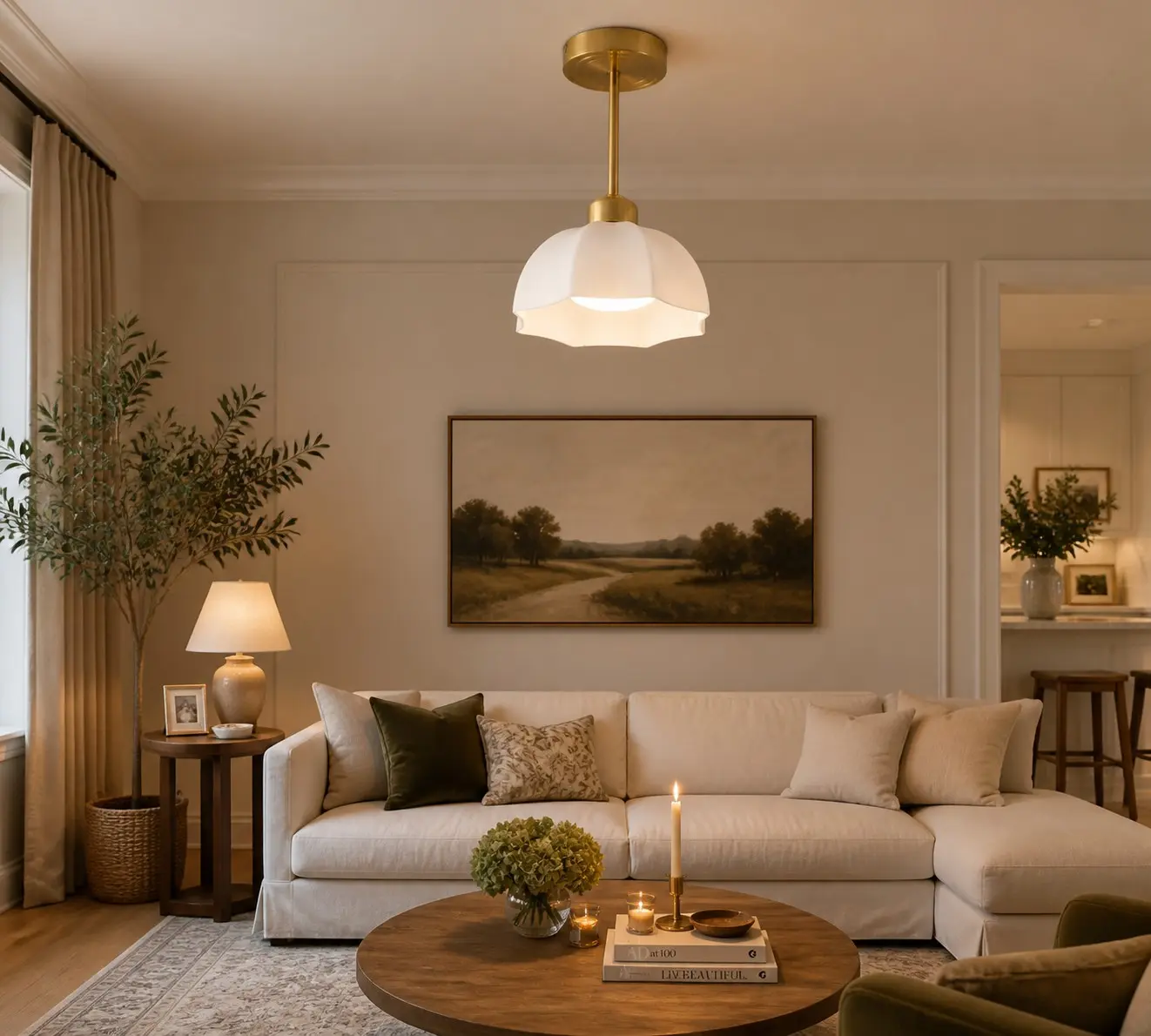Milk glass ceiling light in a refined interior