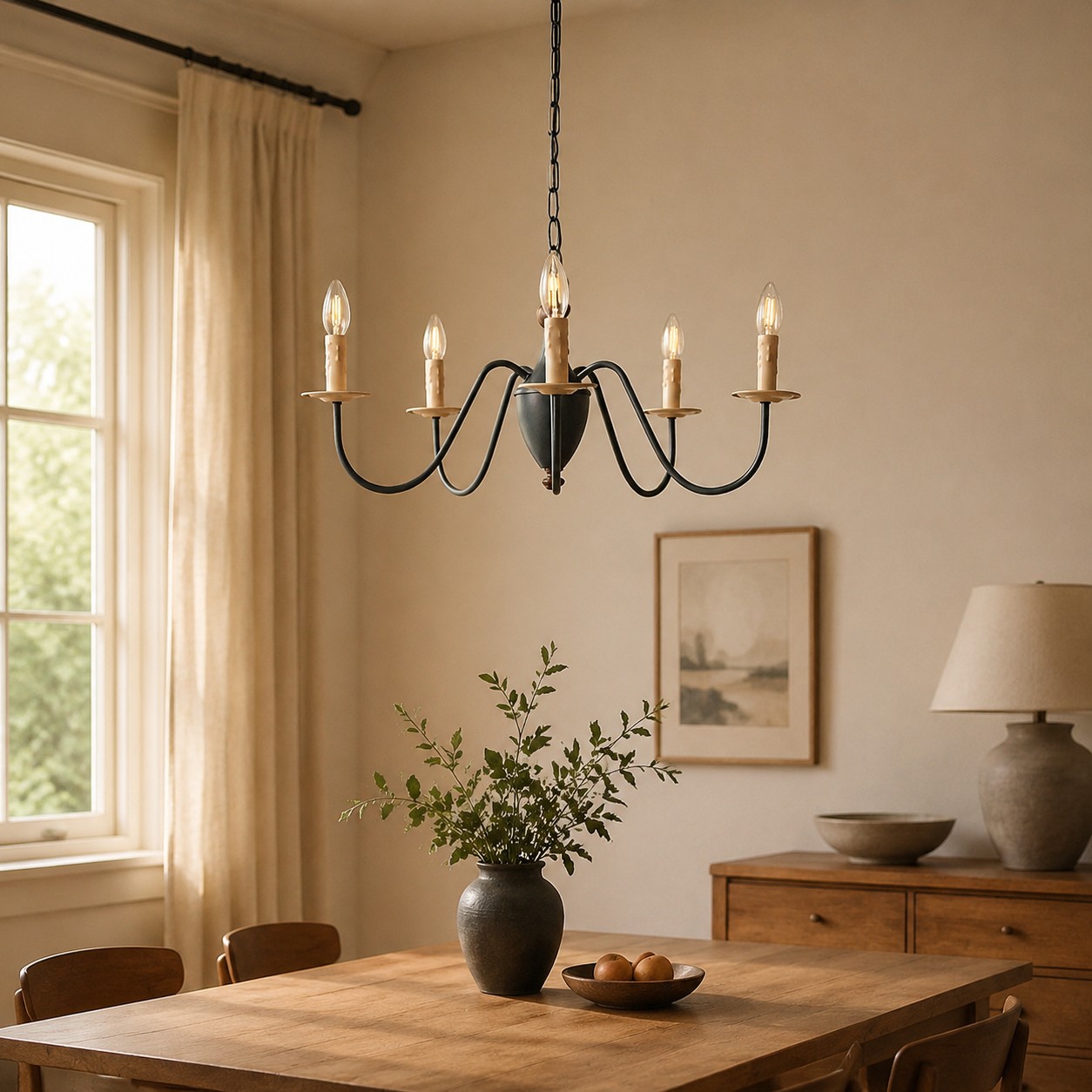 French candle chandelier in a warm dining room